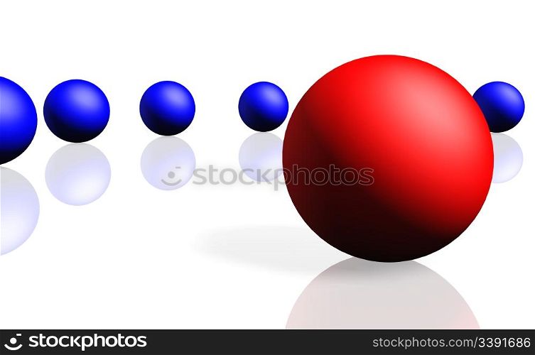 Unique red sphere with a row of dark blue spheres. Reflection, a soft shadow is isolated on a white background,