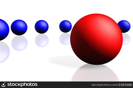 Unique red sphere with a row of dark blue spheres. Reflection, a soft shadow is isolated on a white background,