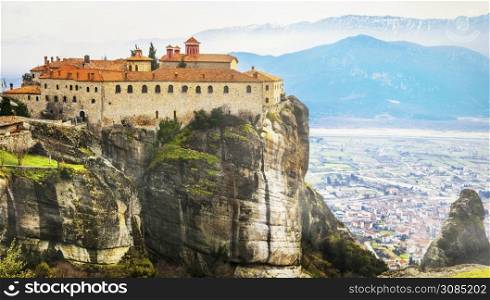Unique rocks and hunging monastries of Meteora . Greece travel and landmarks