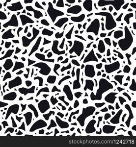 Unique terrazzo repeating seamless pattern in black and white. Texture composed of natural stone, glass, quartz, concrete, marble, quartz. Background. Unique terrazzo flooring vector seamless pattern in black and white. Texture composed of natural stone, glass, quartz, concrete, marble, quartz. Background