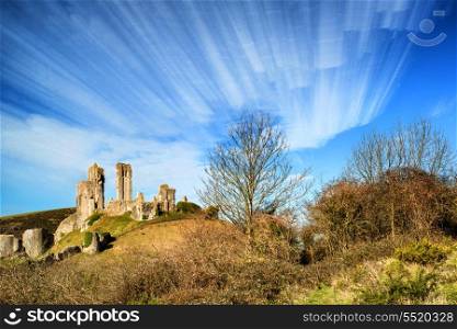 Unique time lapse stack landscape of medieval castle and railway tracks