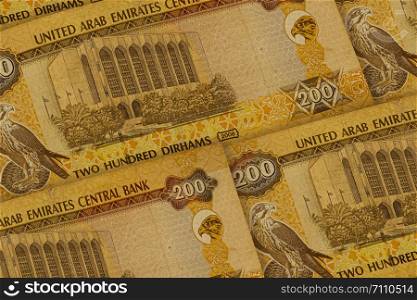 United Arab Emirates currency background. AED pattern. Dubai, Abu Dhabi. 200