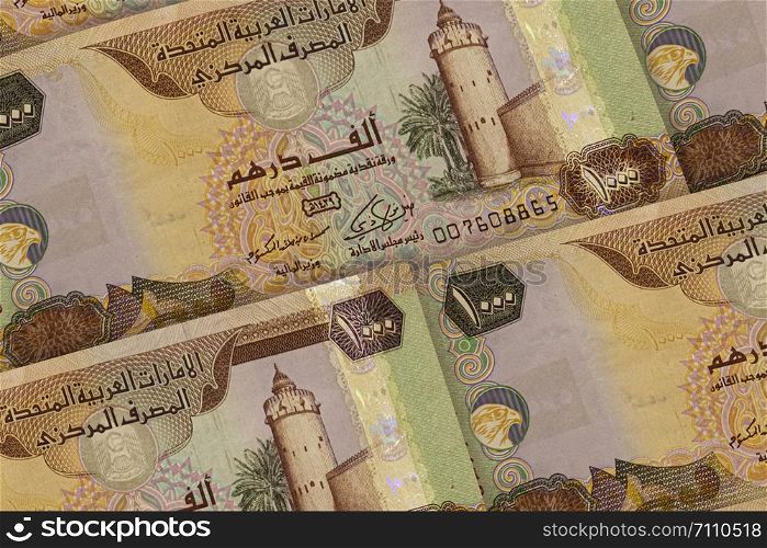 United Arab Emirates currency background. AED pattern. Dubai, Abu Dhabi