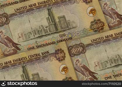 United Arab Emirates currency background. AED pattern. Dubai, Abu Dhabi
