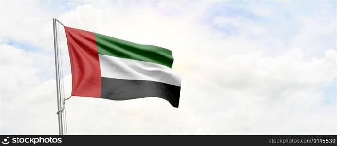 United Arab Emirates flag waving on sky background. 3D Rendering