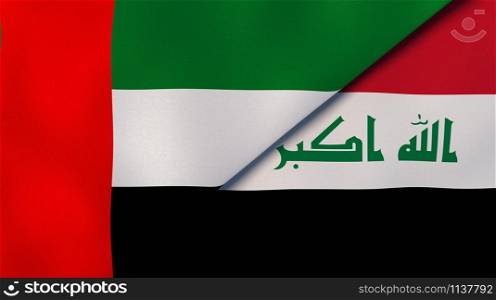 United Arab Emirates Iraq national flags. News, reportage, business background. 3D illustration.. United Arab Emirates Iraq national flags. News, reportage, business background. 3D illustration