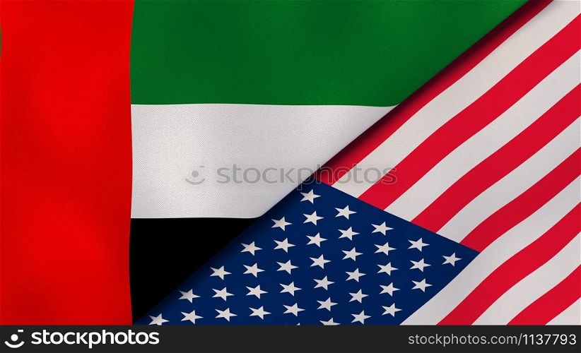 United Arab Emirates USA national flags. News, reportage, business background. 3D illustration.. United Arab Emirates USA national flags. News, reportage, business background. 3D illustration