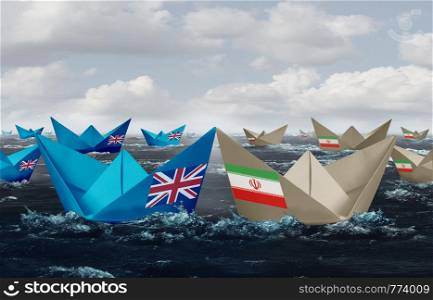 United Kingdom and Iran confrontation in the Persian gulf as a crisis in the middle east as Great Britain versus the Iranian government as paper boats representing shipping lane risk in a 3D illustration style.