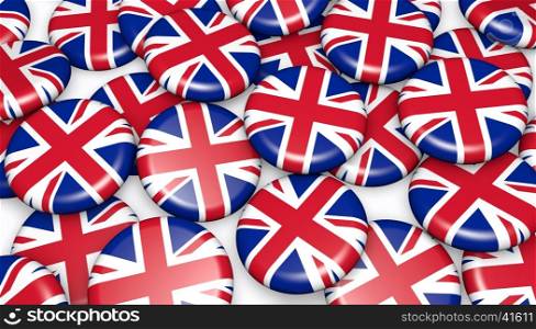 United Kingdom background with union jack flag on badges 3D illustration for UK national day events, holiday and celebration.