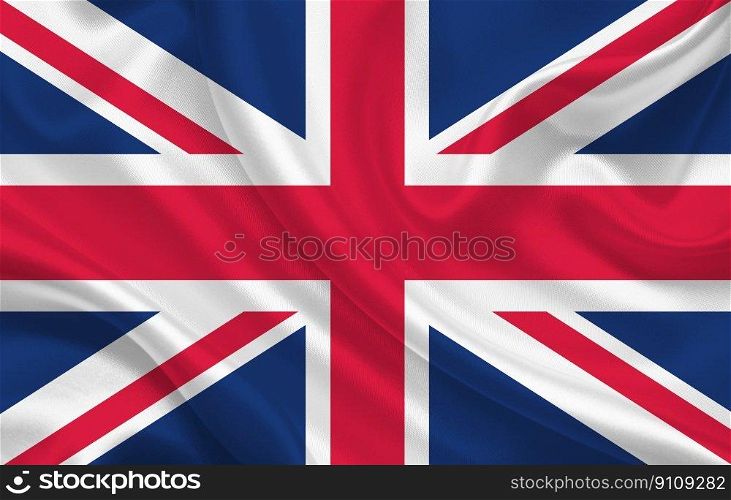United Kingdom country flag on wavy silk fabric background panorama - illustration. United Kingdom country flag on wavy silk fabric background panorama