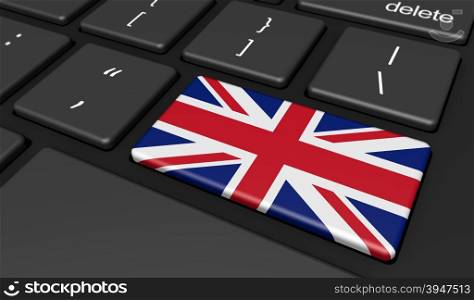 United Kingdom digitalization and use of digital technologies with the UK union jack flag on a computer key.