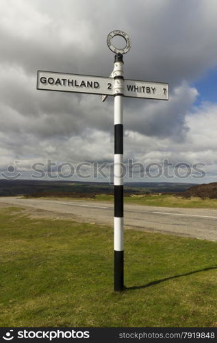 United Kingdom, Finger post, Yorks North Riding, pointing to Goathland and Whitby. North Yorkshire, England, United Kingdom, North Yorkshire Moors.