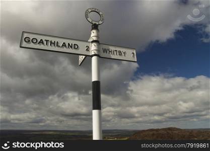 United Kingdom, Finger post, Yorks North Riding, pointing to Goathland and Whitby. North Yorkshire, England, United Kingdom, North Yorkshire Moors.