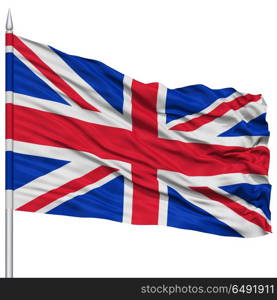 United Kingdom Flag on Flagpole , Flying in the Wind, Isolated on White Background