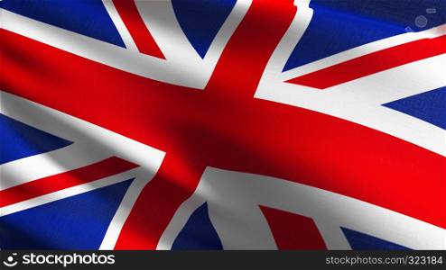 United Kingdom national flag blowing in the wind isolated. Official patriotic abstract design. 3D rendering illustration of waving sign symbol.