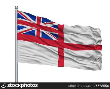 United Kingdom Naval Ensign Flag On Flagpole, Isolated On White Background. United Kingdom Naval Ensign Flag On Flagpole, Isolated On White