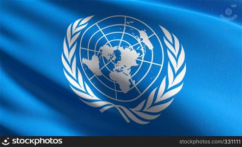 United Nations flag blowing in the wind isolated. Official patriotic abstract design. 3D rendering illustration of waving sign symbol.
