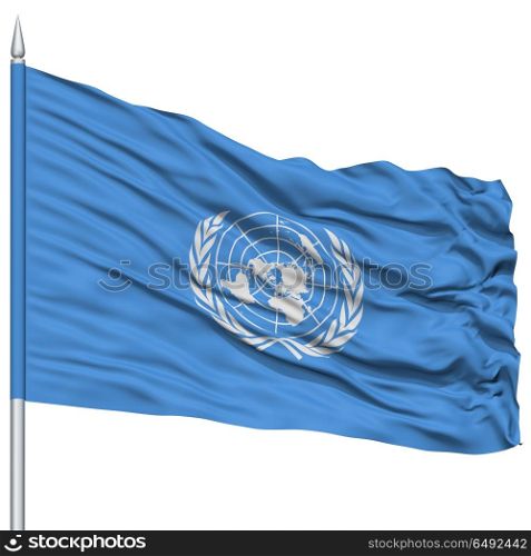 United Nations Flag on Flagpole , Flying in the Wind, Isolated on White Background