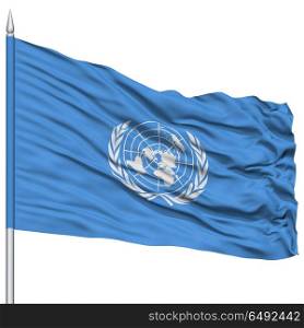 United Nations Flag on Flagpole , Flying in the Wind, Isolated on White Background