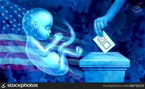 United States abortion issue  vote during American election with pro-life and pro-choice debate in the US elections as a fetus with the flag of USA at a voting booth with a voter casting a ballot with 3D illustration elements. 