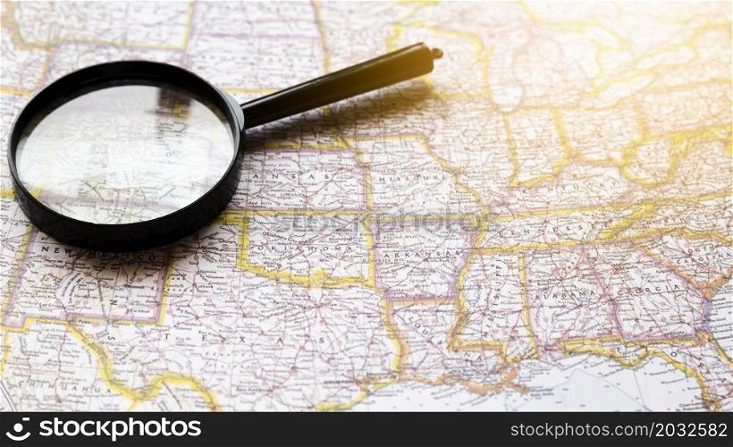united states america map with magnifying glass