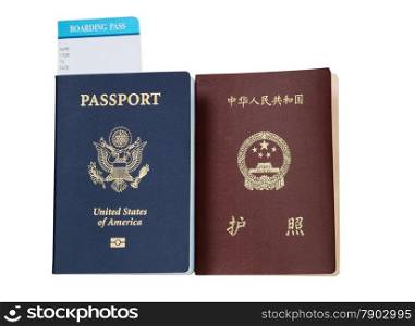 United States and China passport and boarding pass isolated on white background.