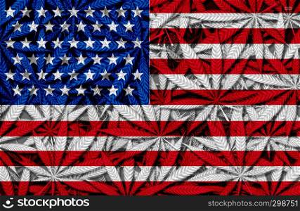 United States cannabis concept and USA marijuana law and legislation social issue as medical and recreational weed usage icon as an American flag on a background of pot symbols in a 3D illustration style.