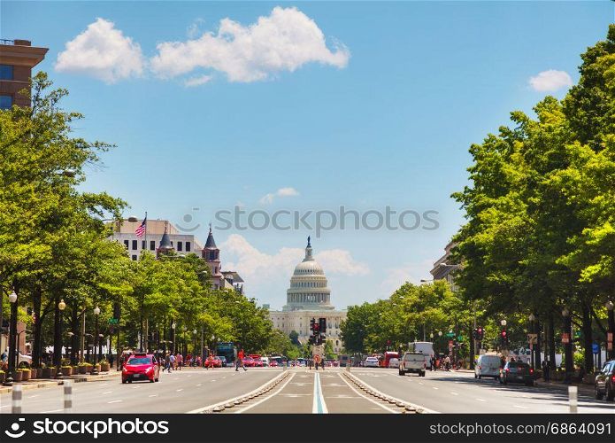 United States Capitol building in Washington, DC as seen from Pennsylvania Avenue