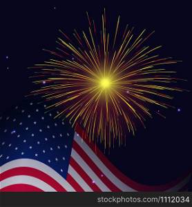 United States flag and celebration golden red fireworks vector background. Independence Day, 4th of July holidays salute greeting card.