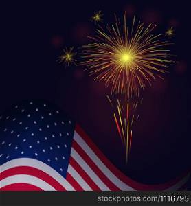 United States flag and celebration multicolored sparkling vector golden, red fireworks over night sky vector background. Independence Day, 4th of July holidays salute greeting card.