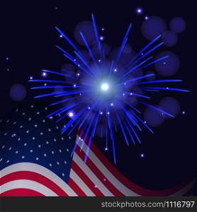 United States flag and holidays blue shades fireworks. Independence Day, 4th of July salute greeting card vector background.