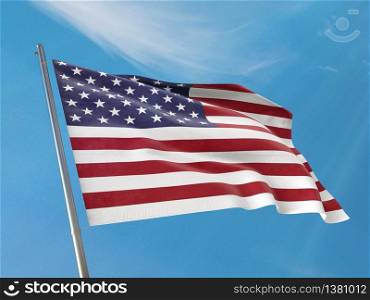 "United States flag on a pole waving. USA realistic flag waving against clean blue sky. Close up. "Illustration 3D""