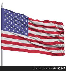 United States Flag on Flagpole , Flying in the Wind, Isolated on White Background