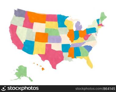 United States fo America map in watercolors over white background