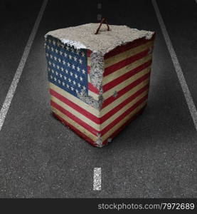 United States government shutdown roadblock obstacle and barrier business concept with a huge cement or concrete cube with an old American flag blocking a road or highway as a symbol of political gridlock resulting in financial system shutdown.