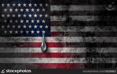 United States grief and American social crisis or US violence concept as a US flag crying a tear with the stars and stripes as a metaphor for national sorrow in a 3D illustration style.