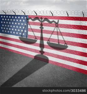 United States immigration law and US citizenship as a justice scale shadow on a border wall with 3D illustration elements.. United States Immigration Law