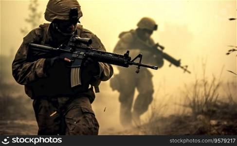 United States Mari≠s in action. Military action, desert batt≤field, smoke grenades