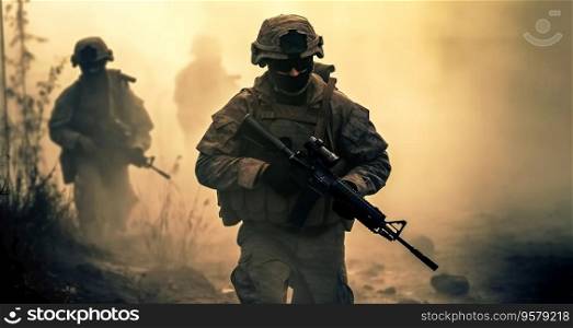 United States Marines in action. Military action, desert battlefield, smoke grenades