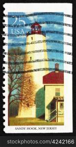 UNITED STATES OF AMERICA - CIRCA 1990: a stamp printed in the USA shows Sandy Hook, New Jersey, Lighthouse, circa 1990