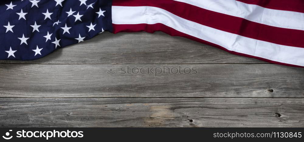 United States of America flag forming upper border on rustic wooden boards