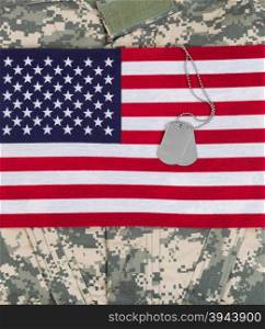 United States of America flag, military identification tags, neck chain, and combat uniform top. Vertical layout.