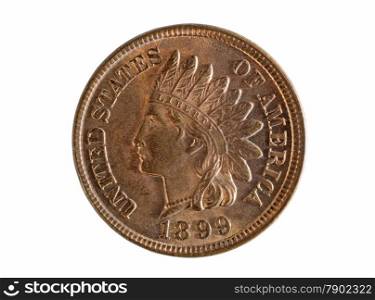 United States of America Indian Head one cent coin isolated on white background. Coin is grade mint state condition as uncirculated.