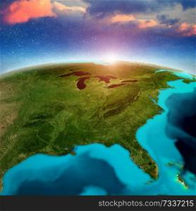 United States of America sunrise background. Elements of this image furnished by NASA. 3d rendering. United States of America sunrise background
