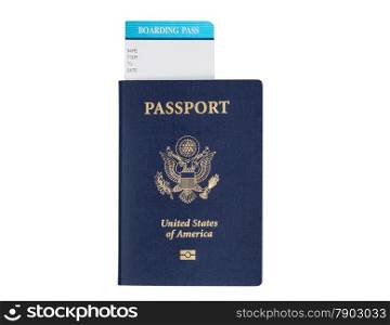 United States passport, with seal, and boarding pass isolated on white background.