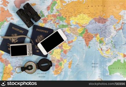 United States passports for world touring plus various other travel objects