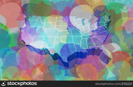 United States people gathered together in America with abstract diverse faces as an immigrant or immigration concept and social democracy sympol with 3D illustration elements.