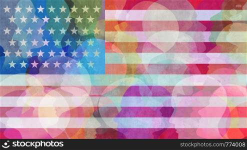 United States race diversity or ethnicity and people concept on an american flag background in a 3D illustration style.