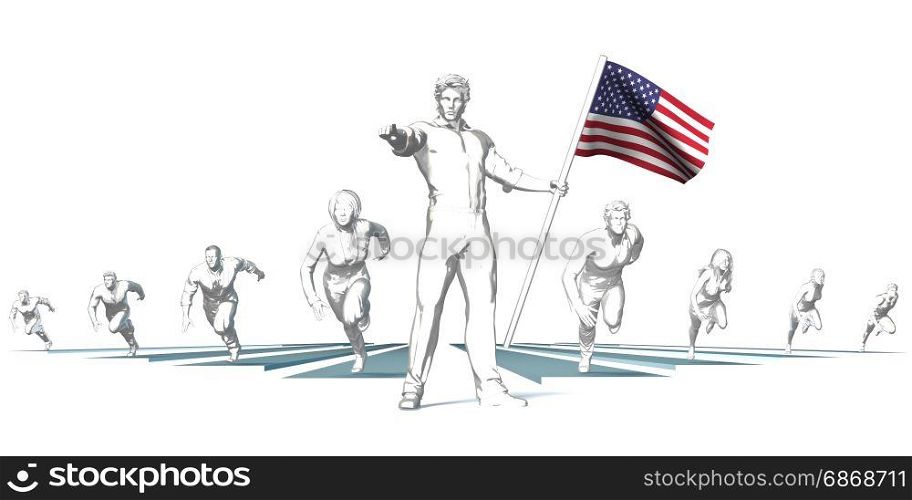 United states Racing to the Future with Man Holding Flag. United states Racing to the Future