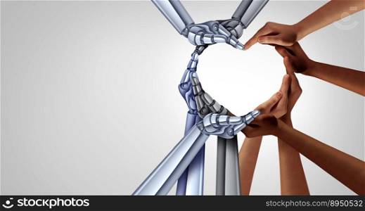 Unity and diversity partnership as heart hands in a group of diverse people and robots connected together as Cybernetics and transhumanism or artificial intelligence or AI with technology and social teamwork in a 3D illustration style. 